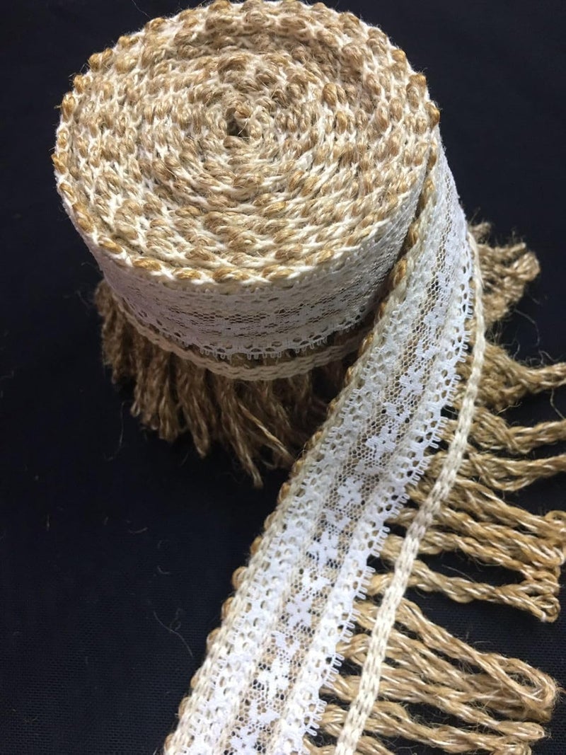 PCJS - 5 Meter Natural Jute Burlap Ribbon with White Lace and Jute Twine for DIY Projects, Party Décor, Gift-Wrapping, Vintage Wedding Home Décor, Scrapbooking - 5 MTR - Image 1