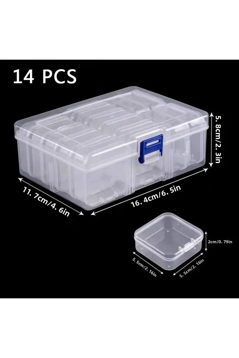 علبة تحتوي على 14 قطعة، علبة تغليف شفافة مستقلة، منظمات خرز صغيرة، علب تخزين بلاستيكية
