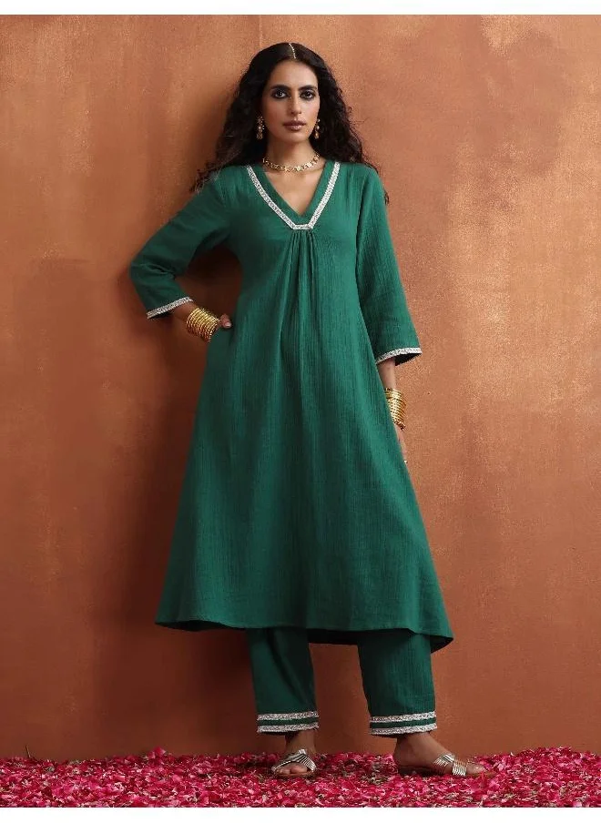 ترو برونز trueBrowns Green Cotton A-line Kurta Set