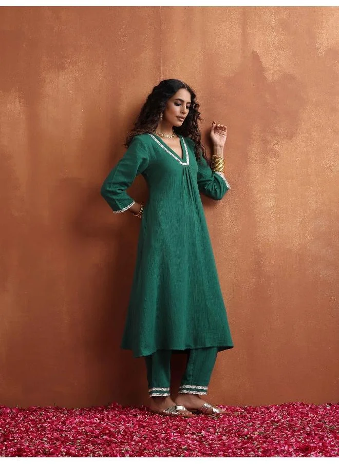 ترو برونز trueBrowns Green Cotton A-line Kurta Set