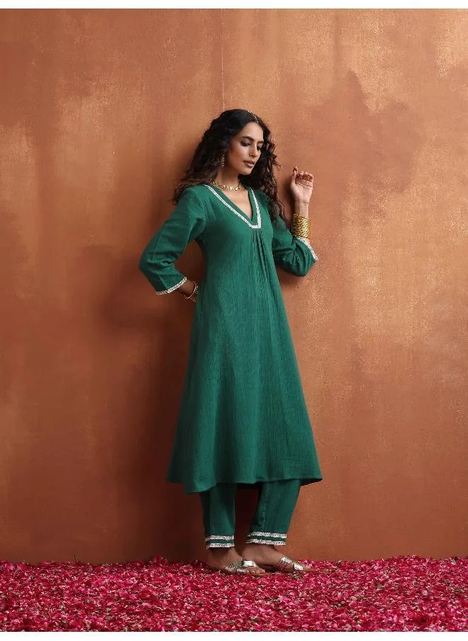 ترو برونز trueBrowns Green Cotton A-line Kurta Set