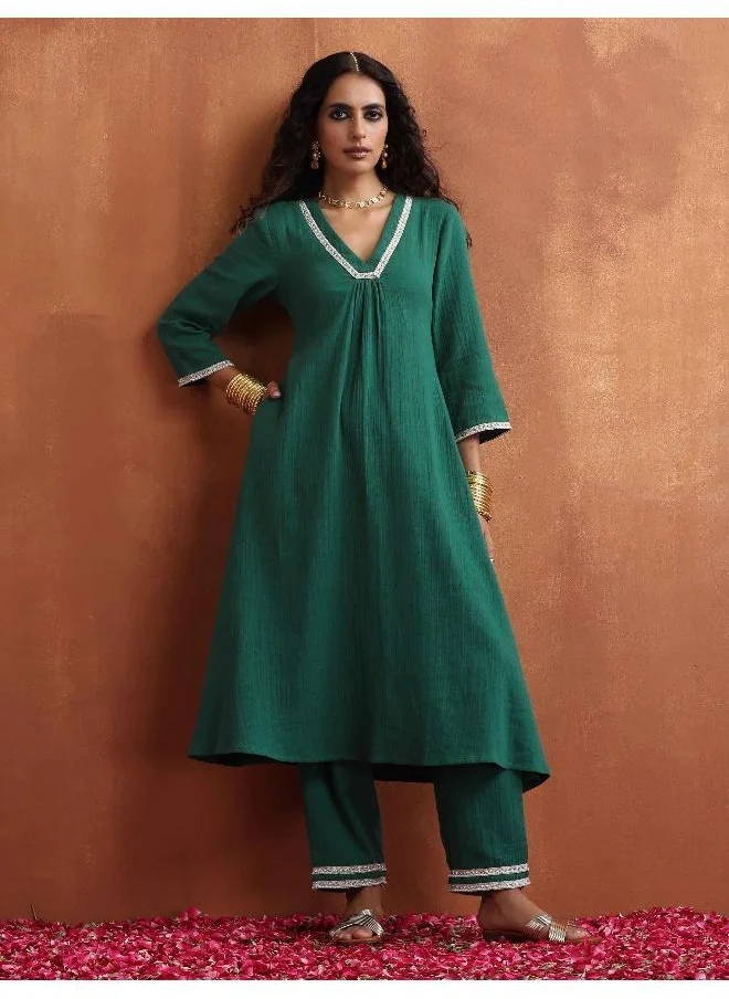 ترو برونز trueBrowns Green Cotton A-line Kurta Set