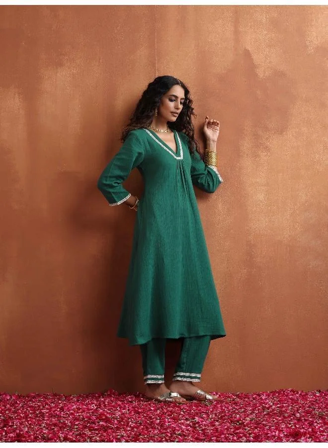 trueBrowns Green Cotton A-line Kurta Set
