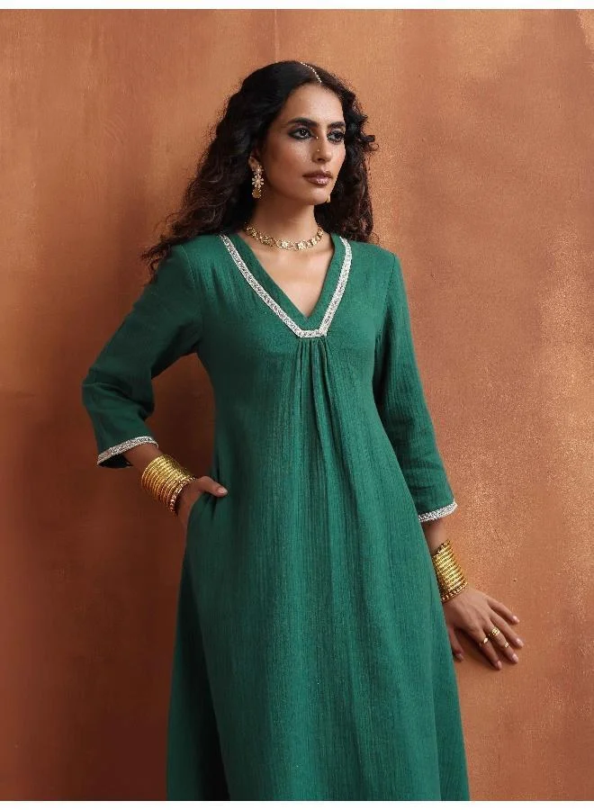 trueBrowns Green Cotton A-line Kurta Set