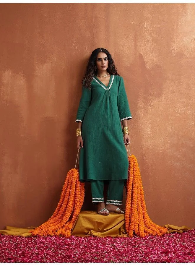 trueBrowns Green Cotton A-line Kurta Set