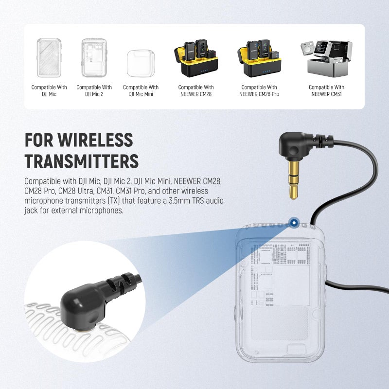 NEEWER Mini Lavalier Microphone (2 Pack), 6.6ft/2m Clip On Wired Condenser Lapel Mic with 3.5mm TRS Plug, Compatible with DJI Mic 2, Rode Wireless Go II, NEEWER CM28 CM31 Camera, LM5 - Image 3