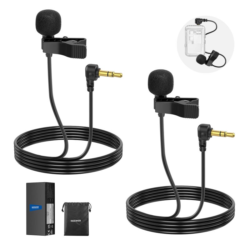 NEEWER Mini Lavalier Microphone (2 Pack), 6.6ft/2m Clip On Wired Condenser Lapel Mic with 3.5mm TRS Plug, Compatible with DJI Mic 2, Rode Wireless Go II, NEEWER CM28 CM31 Camera, LM5 - Image 1