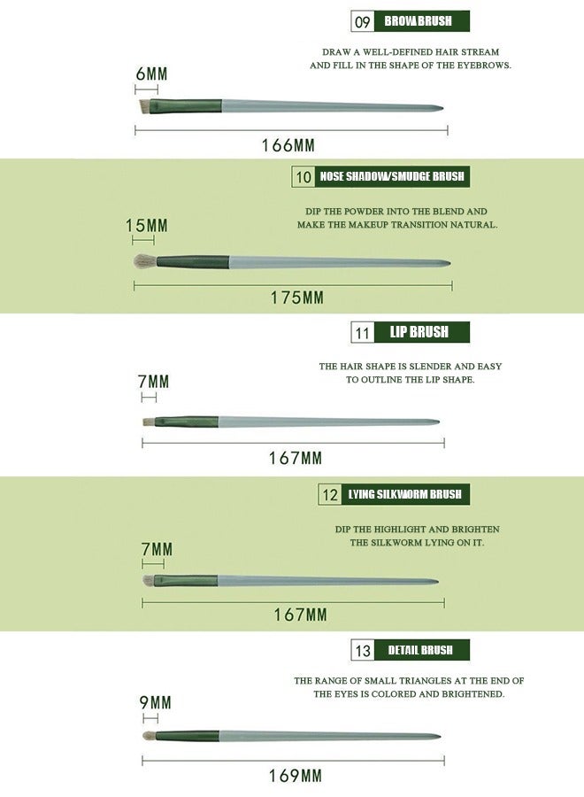 Beyond 13-Piece Makeup Brush Set with Flannel Bag, Professional Multi Use Brush Set for Face Powder Blush Concealer Eyeshadow Loose Brush (Green) - Image 4