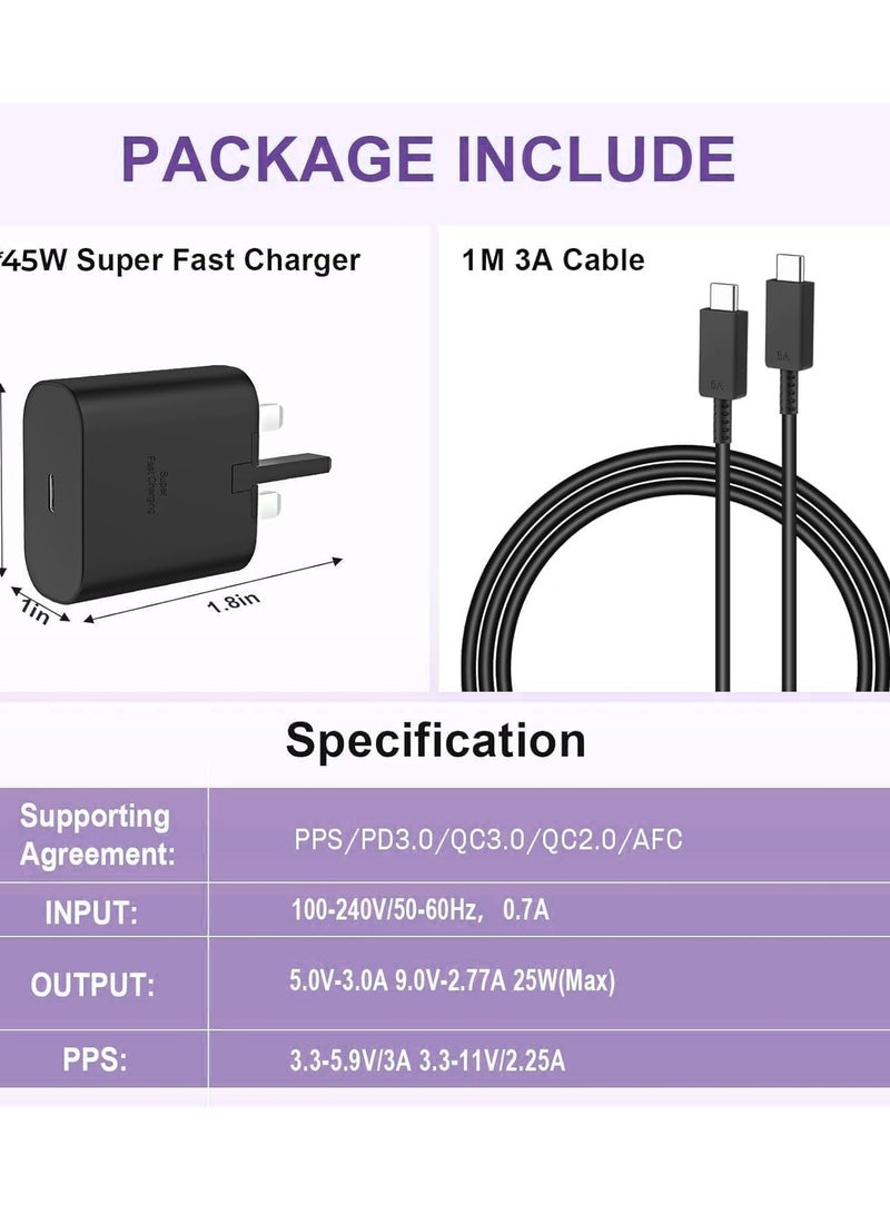 cyleto 45W USB-C Super Fast Charger with 1m Type-C Cable | Travel Adapter with UK Plug | Compatible with S24/S23/S22 Ultra, Note 10/20, A53/A54 – Black - Image 2