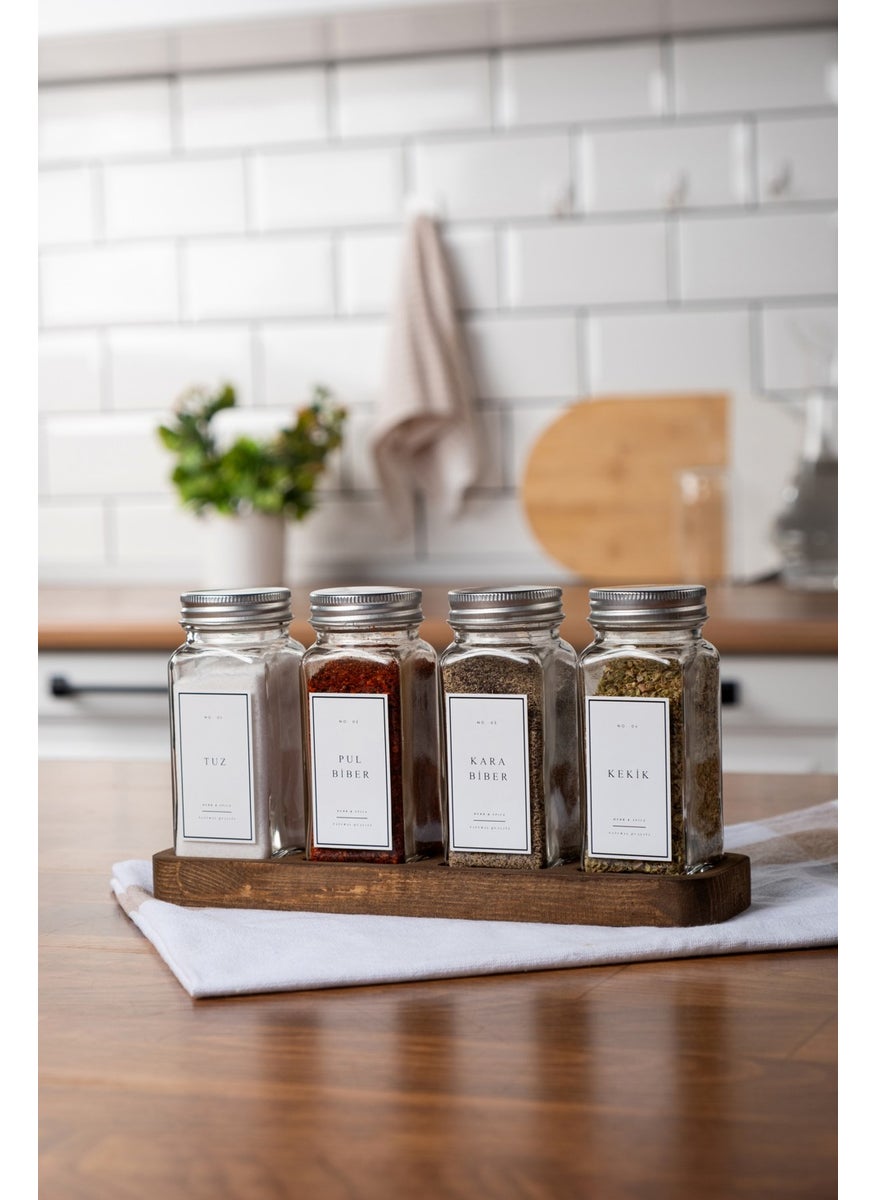 Mienda Home - Set of 4 Wooden Stand Glass Spice Jars with Lids and Labels - Image 1