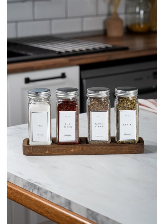 Set of 4 Wooden Stand Glass Spice Jars with Lids and Labels