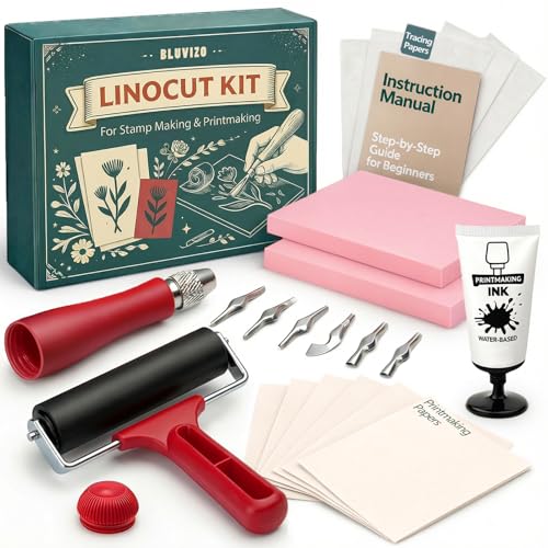 Bluvizo Linocut Kit for Printmaking & Stamp Making: Linocut Tools Block Printing Kit Supplies with Linoleum Blocks, Ink, Brayer, Guide for Beginners - DIY Hobby & Christmas Birthday Gift for Adults & Kids - Image 1