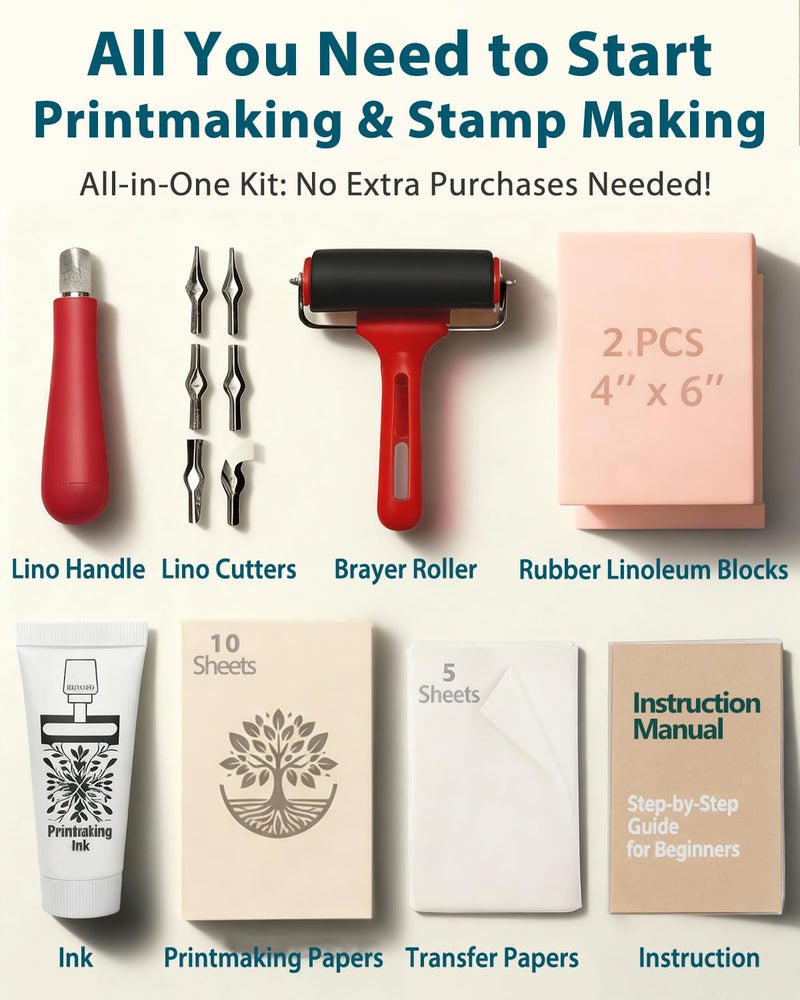 Bluvizo Linocut Kit for Printmaking & Stamp Making: Linocut Tools Block Printing Kit Supplies with Linoleum Blocks, Ink, Brayer, Guide for Beginners - DIY Hobby & Christmas Birthday Gift for Adults & Kids - Image 2