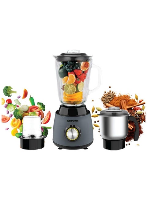 CARRERA 3-in-1 Powerful Blender 600W with 1.5L Blending Jar, Staineless Steel Blades & Copper Motor, Knob Control & LED Dislay, Perfect for Mixing, Grinding and Blending, Grey- CRR567, 2 Year Warranty