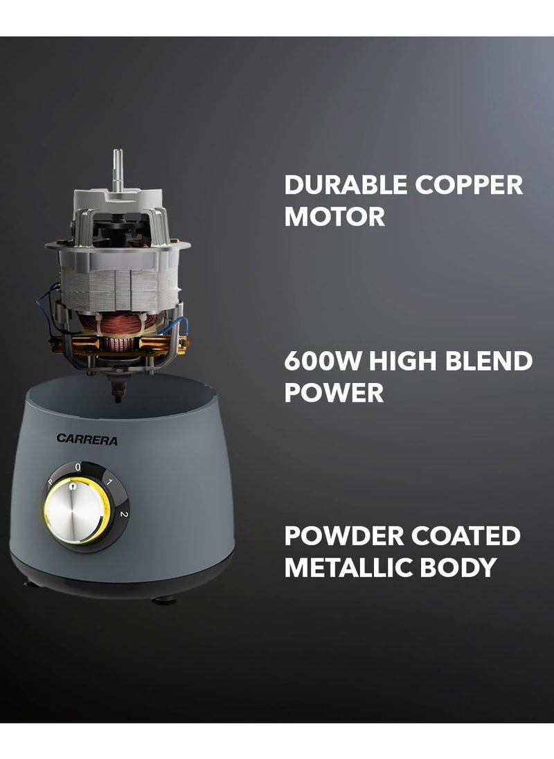 CARRERA 3-in-1 Powerful Blender 600W with 1.5L Blending Jar, Staineless Steel Blades & Copper Motor, Knob Control & LED Dislay, Perfect for Mixing, Grinding and Blending, Grey- CRR567, 2 Year Warranty