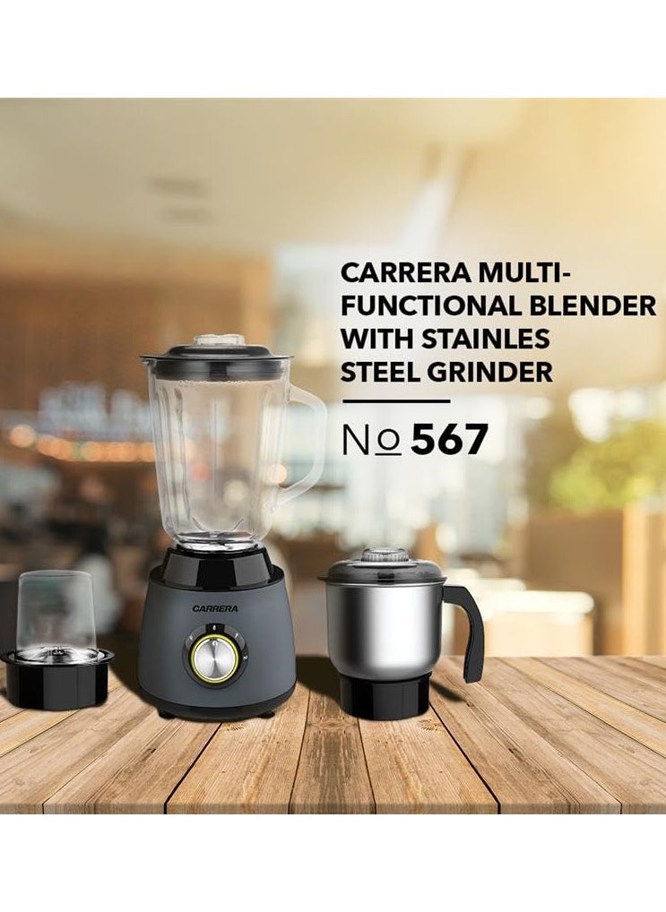 CARRERA 3-in-1 Powerful Blender 600W with 1.5L Blending Jar, Staineless Steel Blades & Copper Motor, Knob Control & LED Dislay, Perfect for Mixing, Grinding and Blending, Grey- CRR567, 2 Year Warranty