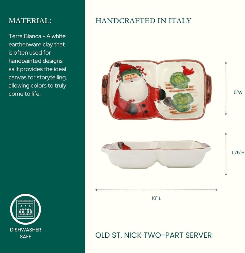 Vietri Vietri Old St Nick TwoPart Server Terra Bianca Divided Serving Dish Ceramic Dinnerware Serveware  - Image 2