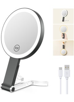 Benbilry Benbilry Lighted Travel Makeup Mirror with 10X Magnification & 3 Color Lights, Adjustable Brightness & Stand, Tabletop & Hanging, 3 in 1 Portable Rechargeable Handheld Mirror, Black 