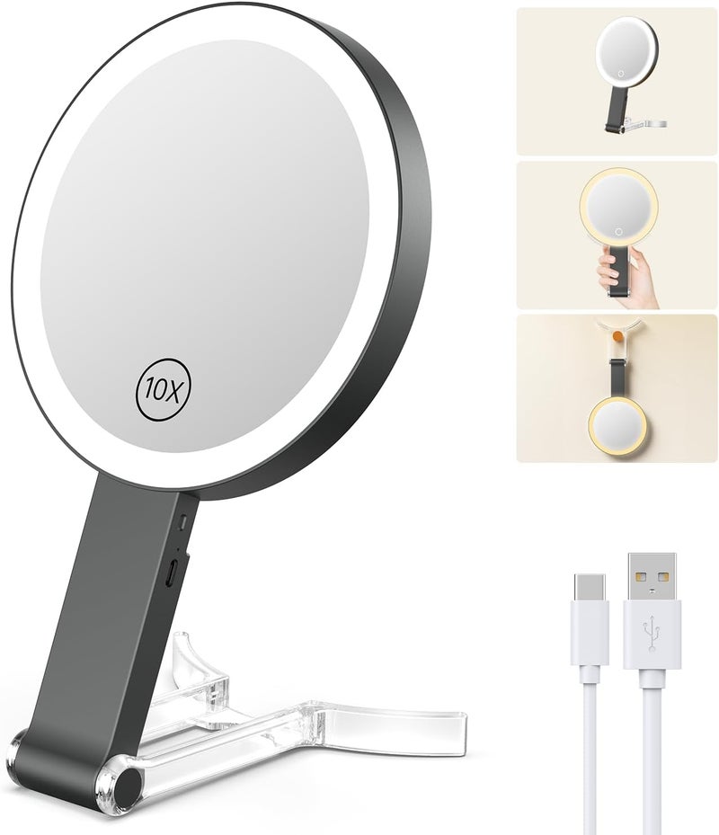 Benbilry Benbilry Lighted Travel Makeup Mirror with 10X Magnification & 3 Color Lights, Adjustable Brightness & Stand, Tabletop & Hanging, 3 in 1 Portable Rechargeable Handheld Mirror, Black 