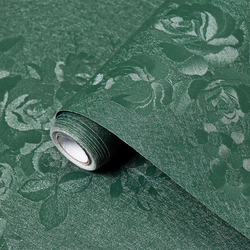 Lativo Dark Green Wallpaper Embossed Floral Peel and Stick Wallpaper 118inL78.7inW Contact Paper for Cabinet Drawers Pure Green Flower Contact Paper Textured Self Adhesive Thicken Bathroom Waterproof - Image 1