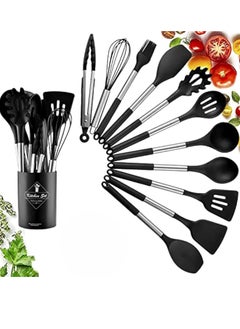 POWER 12 PCS Silicone Kitchen Cooking Utensils Set Non-stick Cookware Kitchen Tools Set with 10 Hooks (Black)  - Image 1
