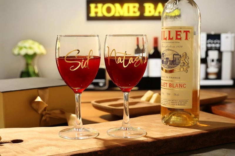 AICA Personalized Name RedWhite Wine Couple Glasses Gift Box Packaging 230ml Set of 2 Wedding Anniversary Marriage Engagement Christmas Secret Santa Gifts for Couple Bride Groom Husband Wife - Image 5