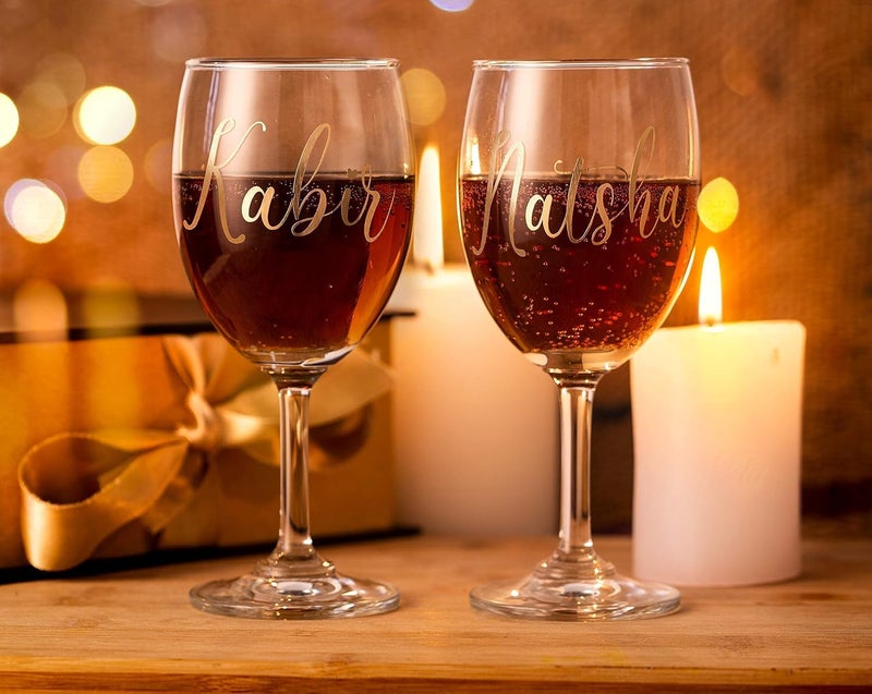 AICA Personalized Name RedWhite Wine Couple Glasses Gift Box Packaging 230ml Set of 2 Wedding Anniversary Marriage Engagement Christmas Secret Santa Gifts for Couple Bride Groom Husband Wife - Image 1