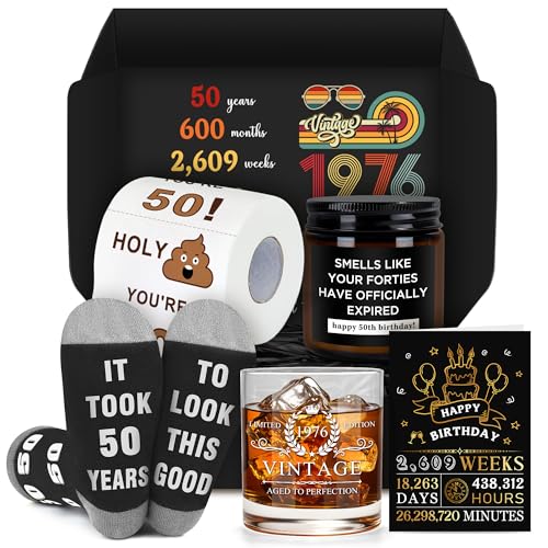 Pradnel 50th Birthday Gifts for Him Cool Gifts for 50 Year Old Man Happy 50th Birthday Decorations for Men Vintage 1976 Wine GlassToilet Paper Roll Novelty Socks Funny 50 Year Old Gift ideas for Mens - Image 1