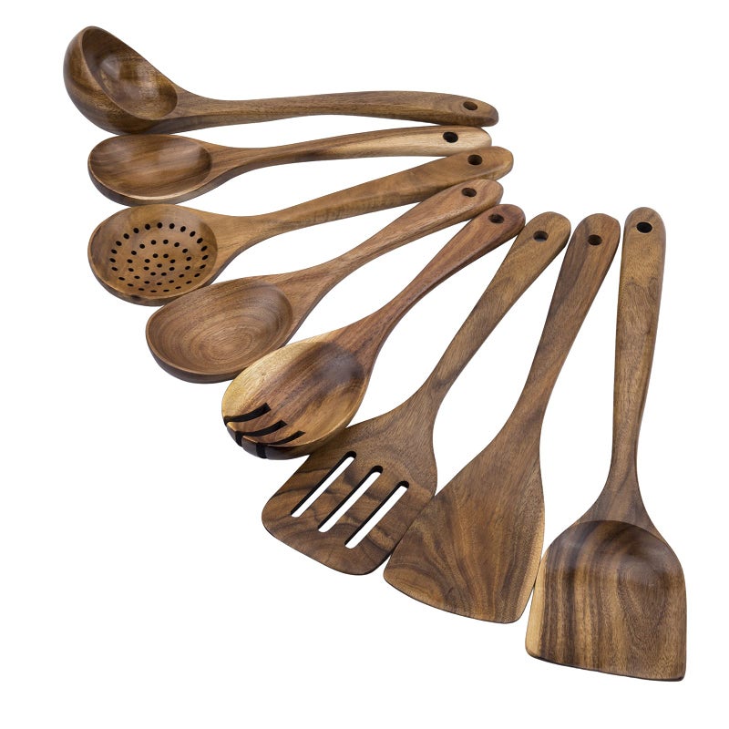 WOODme Premium 8-Piece Teak Wood Cooking Utensil Set - Heat Resistant, Lightweight & Sturdy Wooden Spoons for Non-Stick Cookware - Ideal for Cooking, Stirring & Serving - Image 1