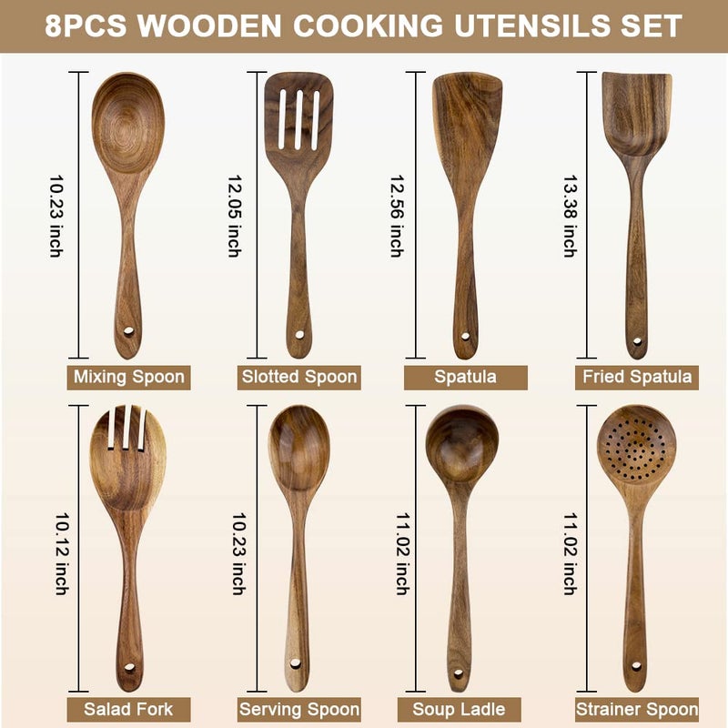 WOODme Premium 8-Piece Teak Wood Cooking Utensil Set - Heat Resistant, Lightweight & Sturdy Wooden Spoons for Non-Stick Cookware - Ideal for Cooking, Stirring & Serving - Image 2