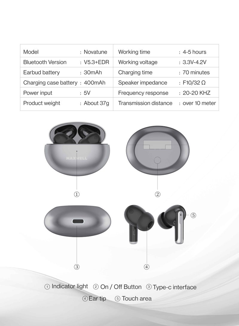 Maxwell Electronics Maxwell NOVATUNE Earbuds, Bluetooth 5.3, Premium Mic for Clear Calls, 15m Wireless Range, 3 Hours Play/Talk Time, 400mAh Charging Case, Lightweight, High-Fidelity Audio Earphones (Blue) - Image 5