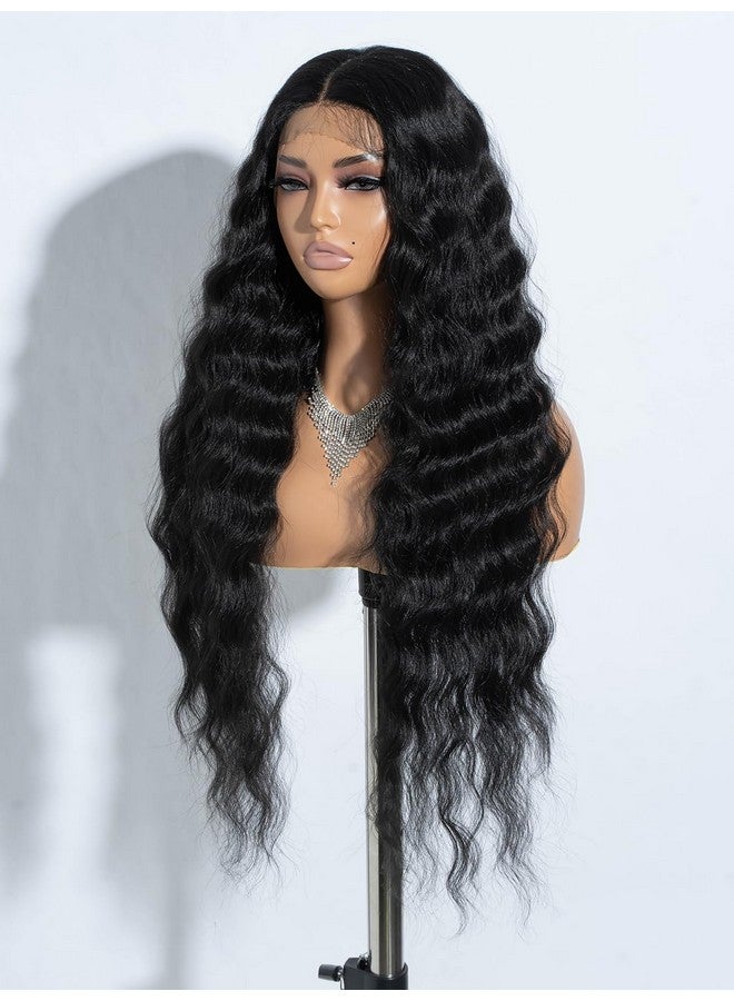 جويدر باروكة أمامية من الدانتيل بطول 30 بوصة، باروكة صناعية مموجة بطول 4.5 بوصة، جزء عميق، دانتيل شفاف عالي الدقة مع شعر أطفال للنساء، كثافة 130% (لون أسود) - Image 2