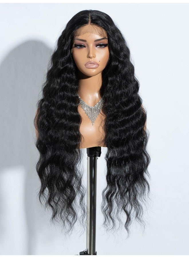 جويدر باروكة أمامية من الدانتيل بطول 30 بوصة، باروكة صناعية مموجة بطول 4.5 بوصة، جزء عميق، دانتيل شفاف عالي الدقة مع شعر أطفال للنساء، كثافة 130% (لون أسود) - Image 1