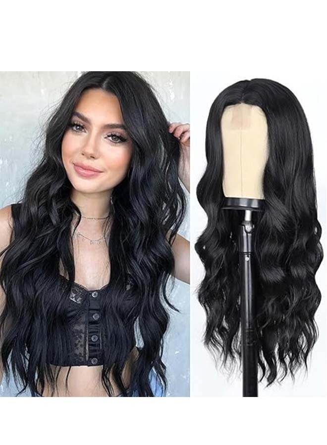 Generic Long Black Wavy Wigs for Women Black Curly Wig with Middle Part Synthetic 26 Inch Natural Looking Black Wig for Daily Party Use - Image 1