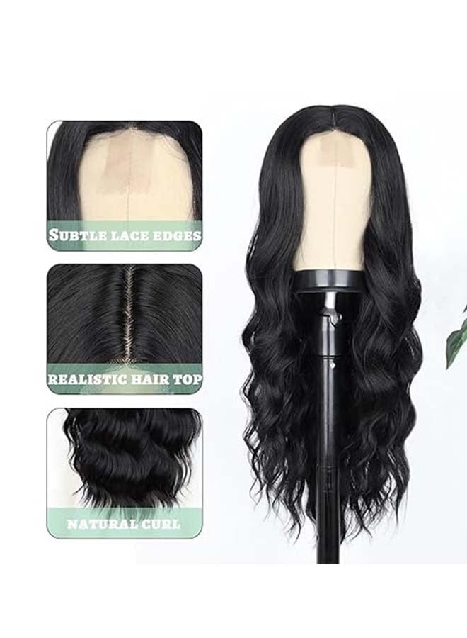 Generic Long Black Wavy Wigs for Women Black Curly Wig with Middle Part Synthetic 26 Inch Natural Looking Black Wig for Daily Party Use - Image 2