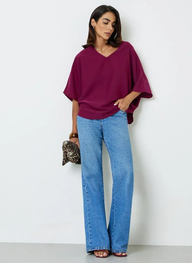 تايك تو Purple V-Neck 3/4 Sleeve Top