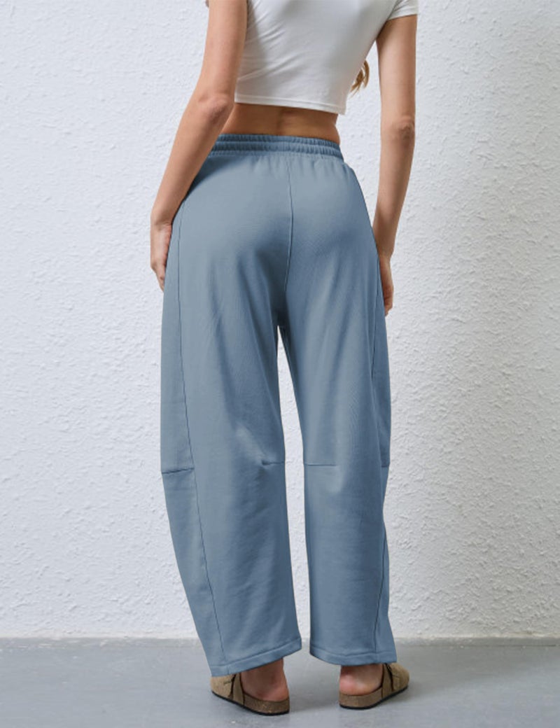SeekMe Women's Barrel Leg Sweatpant Drawstring Elastic Waisted Wide Leg Pants Casual Cotton Palazzo Trousers with Pockets (0009-DustyBlue-S) - Image 3