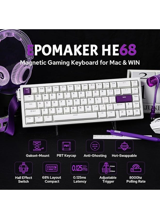 EPOMAKER HE68 Wired Magnetic Gaming Keyboard, 8K Polling Rate, 0.125ms Latency, RGB Backlight, Gasket-Mount, USB-A to C, Portable for Mac/PC/PS/Switch (White) - Image 4