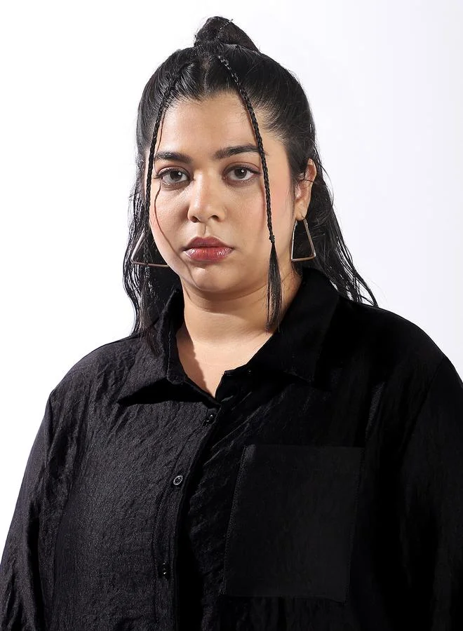 HIGH STAR Women's Black 100% Polyester Solid Pattern Plus Size Button Down Boxy Shirt