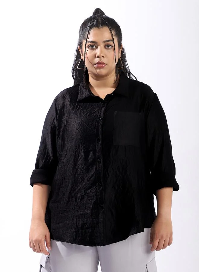 HIGH STAR Women's Black 100% Polyester Solid Pattern Plus Size Button Down Boxy Shirt
