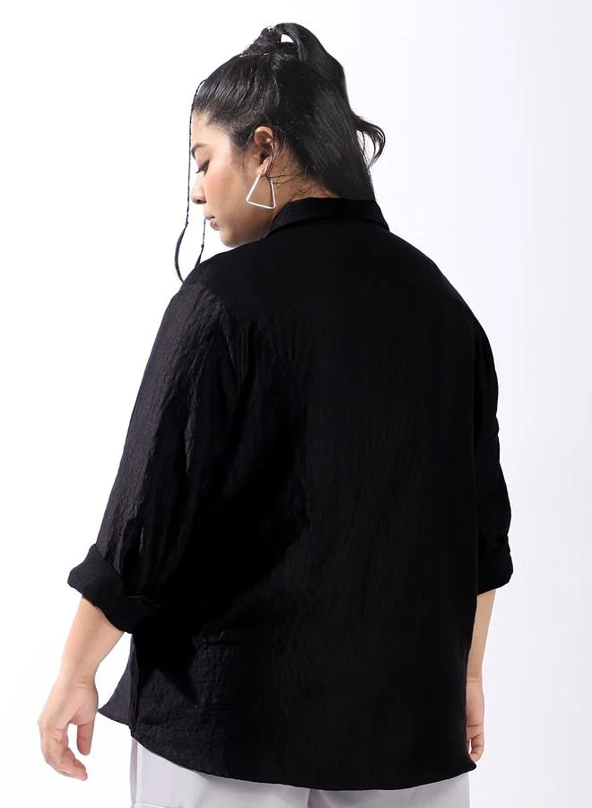 HIGH STAR Women's Black 100% Polyester Solid Pattern Plus Size Button Down Boxy Shirt