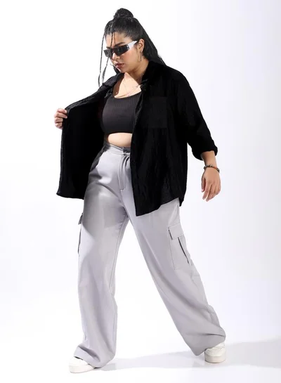 هاي ستار قميص نسائي أسود مقاس بلس 100% بوليستر بأزرار