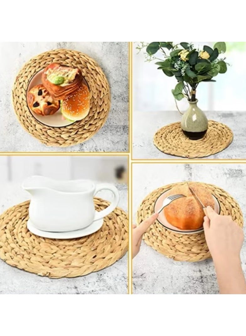 هوم بوكس مفارش منسوجة دائرية ، من الخوص الطبيعي صفير الماء سجادة مضفرة مستديرة يدويًا مقاومة للحرارة وعازل ساخن ومضادة للانزلاق لطاولة الطعام هدية للأصدقاء 4 قطع - Image 4