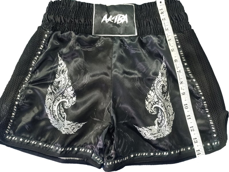 AKIBA Muay Thai Shorts for Men and Women (Black, XS) | Satin Boxing Shorts for MMA, BJJ, Kickboxing, Gym | Mid Thigh Length with Elastic Waistband and Side Slits | Durable and Comfortable - Image 5