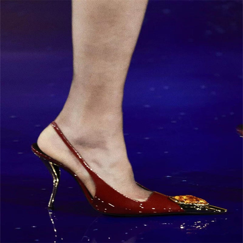 2025 Spring And Shallow Mouth Small Square Toe Stile High Heel Patent Leather Gemstone Sandals Metal Head Front Bag Back Empty - Image 5