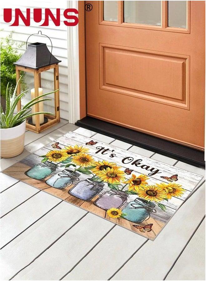 UNUNS Sunflower Welcome Doormat,Rustic Farmhouse Buffalo Plaids Front Door Mat,Non-Slip Spring Summer Decorative Flower Rugs Carpet Floor Mat For Indoor Outdoor Home Office Decor,50x80cm  - Image 1