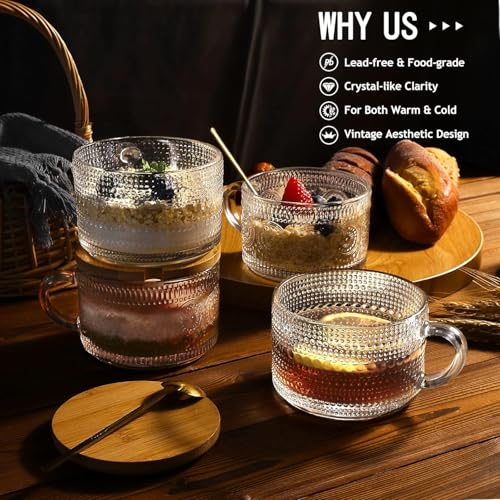 KITOME 400ml Vintage Glass Mug Set (2) with Bamboo Lid & Spoon – Overnight Oats Jar, Iced Coffee Cup, Latte, Yogurt Container | Embossed Clear Glass - Image 3
