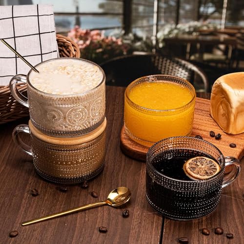 KITOME 400ml Vintage Glass Mug Set (2) with Bamboo Lid & Spoon – Overnight Oats Jar, Iced Coffee Cup, Latte, Yogurt Container | Embossed Clear Glass - Image 4