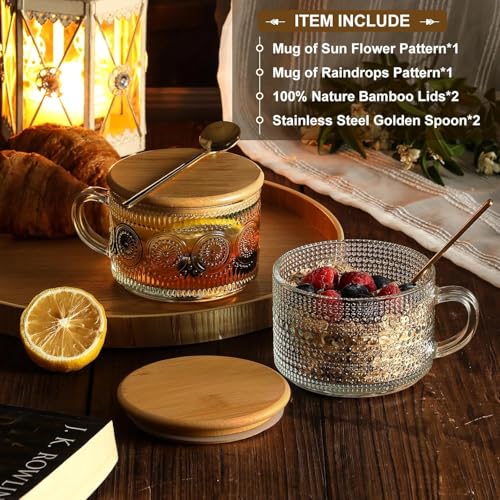 KITOME 400ml Vintage Glass Mug Set (2) with Bamboo Lid & Spoon – Overnight Oats Jar, Iced Coffee Cup, Latte, Yogurt Container | Embossed Clear Glass - Image 2