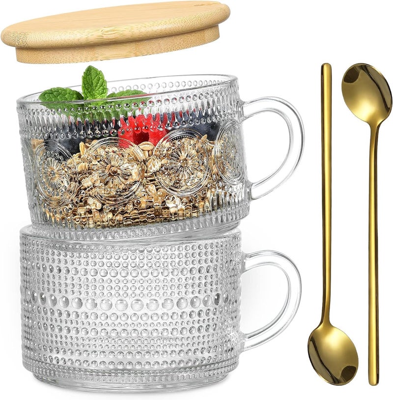 KITOME 400ml Vintage Glass Mug Set (2) with Bamboo Lid & Spoon – Overnight Oats Jar, Iced Coffee Cup, Latte, Yogurt Container | Embossed Clear Glass - Image 1